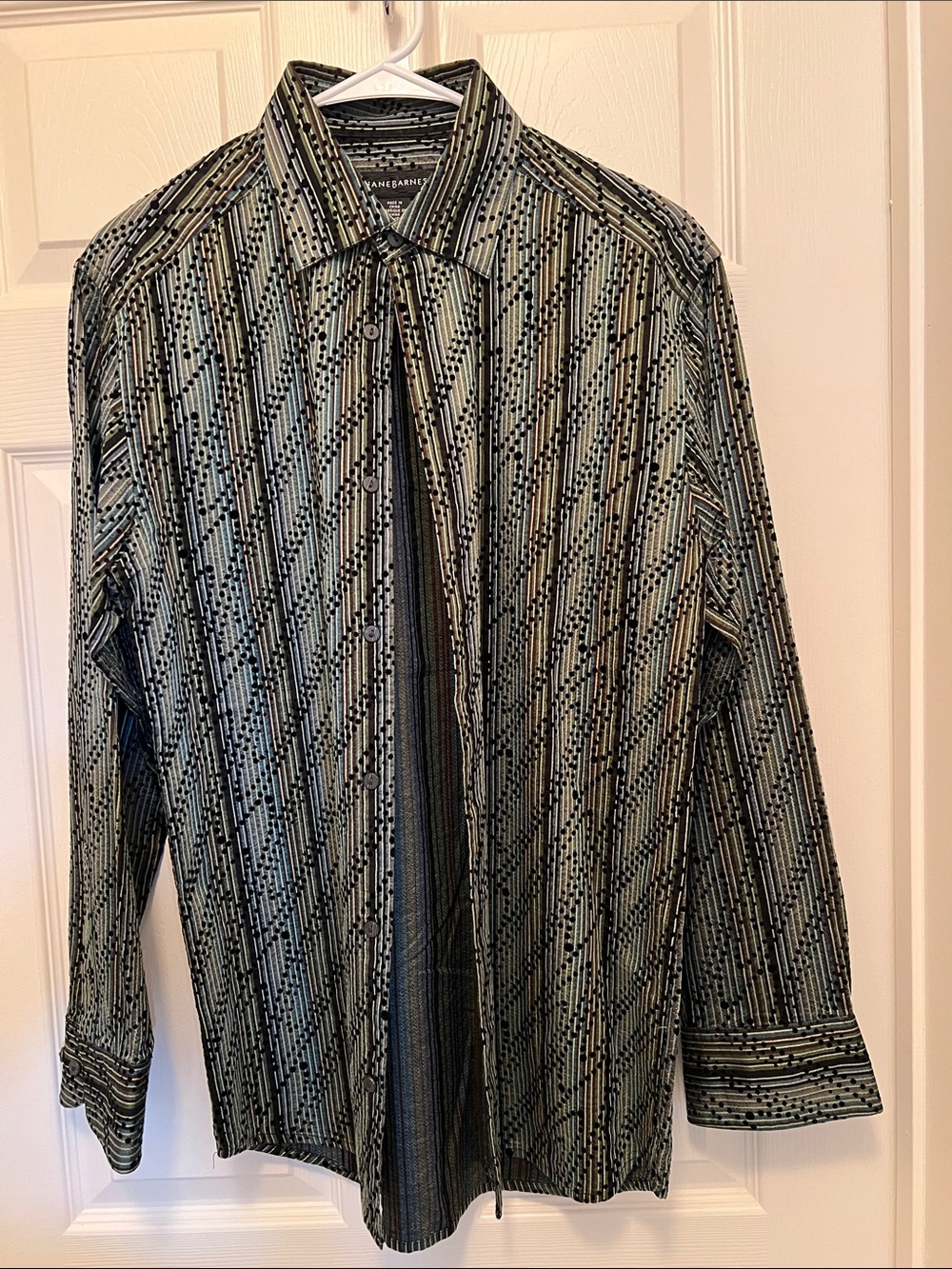 Jhane Barnes Men's Black, blue, green and  Geometric Stripe Button-Down Shirt